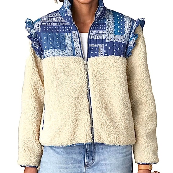 Sundance Catalog By Driftwood Sherpa “Bixby  Bandana Jacket” blue & cream 💙💛 - Picture 10 of 12